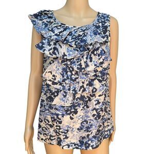 CAbi 100% Silk Cascading Ruffle Sleeveless Top Shirt Blouse blue/ivory size M